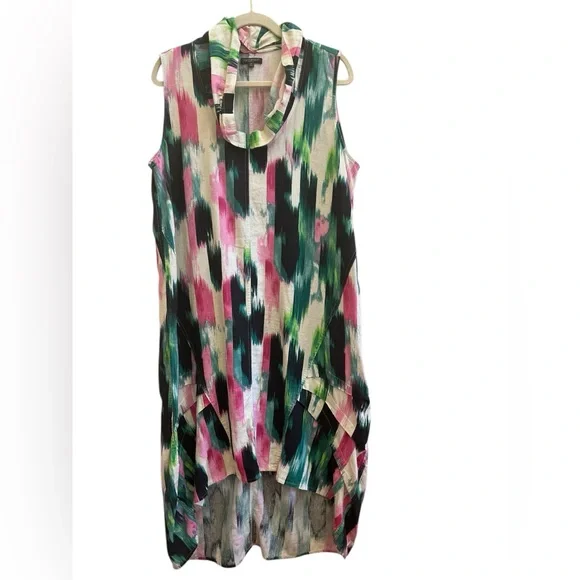 FOR CYNTHIA Linen Blend Lagenlook Tunic Dress Abstract Ikat High Low Artwear 1X - Picture 2 of 6